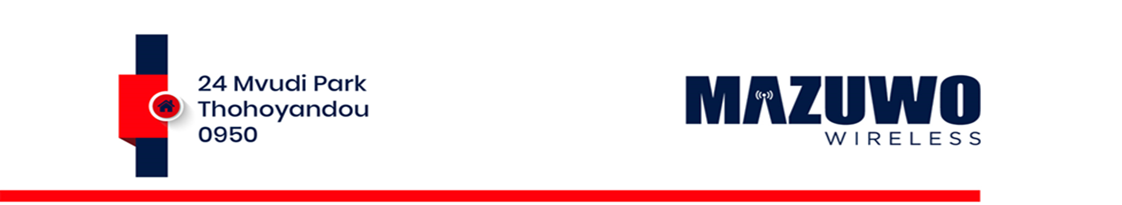Mazuwo Wireless company header showing the Thohoyandou office address